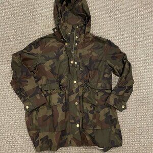 J. CREW Perfect Rain Jacket Womens Size Small Sp Green Camo Cinch Waist Hooded